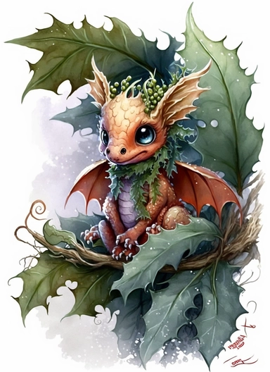 Cute little happy christmas baby dragon with winter greenery on the head and with big eyes and with wings, watercolor by Thomas w. schaller, clipart, solid background, hd