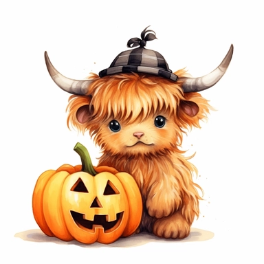 Painterly adorable cutie, baby highland cow wearing halloween costume with a jack o'lantern cartoon, full body, hyperealistic, kawaii, watercolor, clean white background by Clive Madgwick , style by Lucy Fleming, watercolor, smooth gradients, black contour outline, ultra detailed, clipart elements, delicate pastel colors, solid white background, super clear, high quality