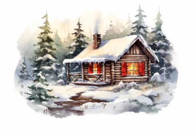 Christmas winter log cabin scene, red and green accents, watercolor clipart
