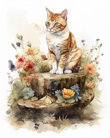Watercolor Painting of ginger cat sitting on stump surrounded by wild Texas Flowers, on white background good anatomy, DETAILED ILLUSTRATION, Flemish Baroque, Rococo, white background, Intricate Detailed, Soft Light Effect, Oil Paint Strokes, Light Academia Aesthetic Flowers, Lighting cinematic, all shown shimmering stamens, tyndall light, texture, colorful, 8k, fantasy, ray tracing, vivid, spectacular lighting, octane rendering, highly detailed, ultra - realistic, white background, clipart, sur
