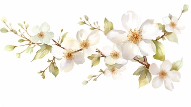 Watercolor clipart of delicate golden dogwood flowers, branches and leaves, on white background