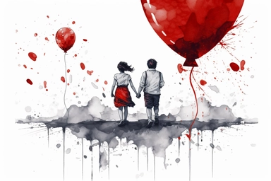 cute beutiful girl and boy holding hands, red half of the heart shape balloon geometric minimalist , valentine's day, top view, running in Tokyo, ink, Ghibli style, 8k, Leyka 35mm very detail clipart on white background space out 8k
