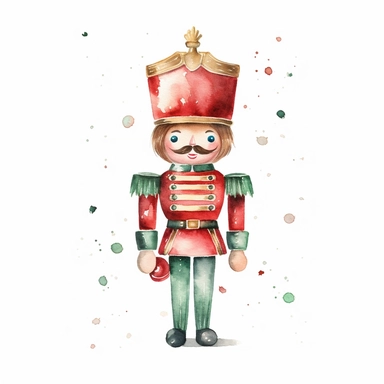 watercolor, Cute christmas nutcracker watercolor clipart, red and green color scheme, christmas style, isolated white background, single design, single object, print on demand image, PNG transparent background, white background for removing background - - no text shadow font watermark