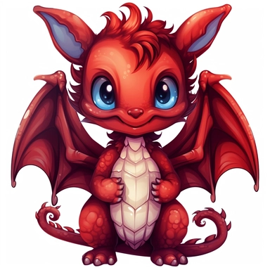 Detailed fantasy mythical kawaii cute baby dark red dragon full body for clipart, isolated on white background, hd 300dpi vector svg