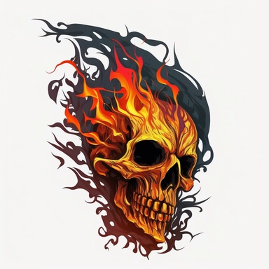 flame skull, tempera clipart illustration, dark outline, high definition, bold, clean, crisp, smooth, white background