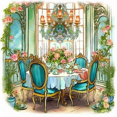 Make a clipart of a fairytale watercolor french country dinning room, rococo, with bright pastel colors of turquoise and emerald green, roses, gold accents, black outlines, hd, white background