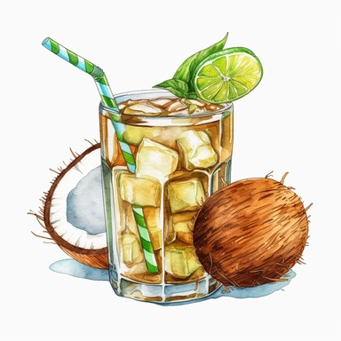 watercolor colorful clipart of a refreshing coconut drink, hd, on white background
