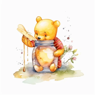 watercolor cute winnie the pooh eating honey from a jar, very detailed, clipart, modern style, white background, 8k