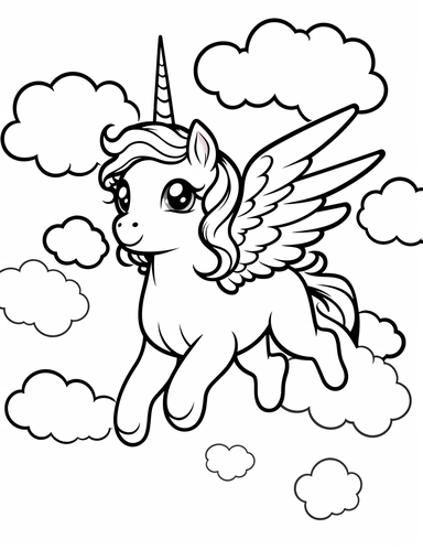 Kawaii unicorn flying over a rainbow. For Simple Coloring page,line art, thick lines, black and white,clipart, illustration, on white background,Detailed,Details