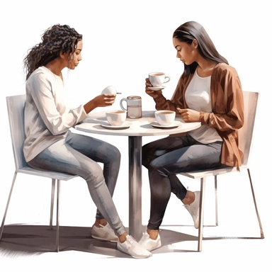 illustration clipart of two Asian african american women sitting at a cafe table having coffee together, hyperrealistic, white background