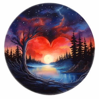 painting of a heart with a night sky inside of it, in the style of enchanting realms, nature-inspired installations, bloomcore, mesmerizing colorscapes, skillful, fluid and organic, clipart, blank white background