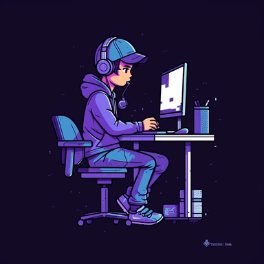 a coder sitting on desk simple clipart ,dark blue, black, dark purple, figma style