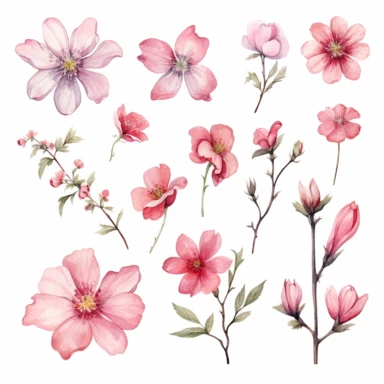 Captivating watercolor clipart set featuring pink flower blossoms, each captured from a different angle, framed with dynamic brushstrokes that convey a sense of movement, energy, and the ever-changing nature of life's journey, clipart on a white backdrop.