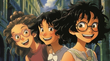 Three girls smiling for a group photo, the first girl has black curly hair wearing a plaid dress, the second girl wears glasses and has short black hair, the third girl wears hair clips and has shoulder-length hair, the three smile at the camera, the palace Hayao Saki, Studio Ghibli