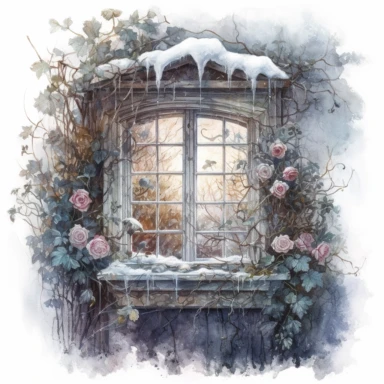 isolated on white illustration watercolor art of a beautiful rustic little window, overgrown white and light pink roses and flowers, covered with snow and ice, a lot of moss and branches, trees, lace and embroidery, masterpiece by Tomasz Alen Kopera style and by Carl Holsoe style and by Hannah Dale style and by Alexander Jansson style, PNG clipart, isolated on white, white background, extreme photorealistic details, 32k HD resolution, realistic high detailization high resolution