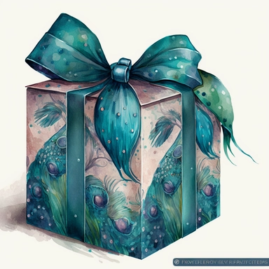 clipart watercolor flat box in peacock pattern with huge long bow on top