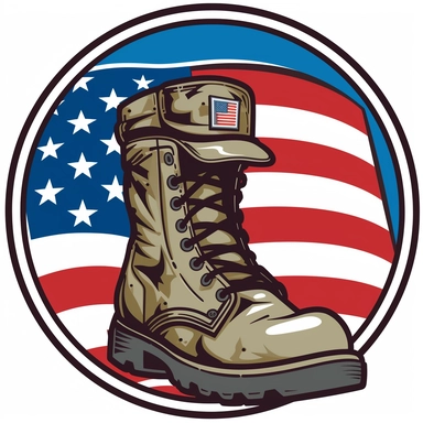 a soldier boot and an american soldier helmet with a circled usa flag in the background the image is cartoon style sharp and detailed soft vibrant tones on a white background vector clip art
