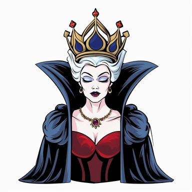 2d partially lined clipart illustration of an evil but beautiful queen, in the style of 1959's sleeping beauty movie, white background