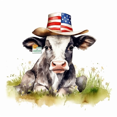 american flag day, water colour clipart, beautiful a calf sitting in grass wearing american hat, background beautiful cow shad, cute, happy, realistic, 8k
