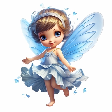 a beautiful happy baby fairy girl, blue flowered dress, blue eyes, highly detailed image, full body image, big wings, pixar style, clipart, white background,