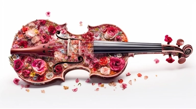A visually stunning violin crafted entirely out of intricately arranged roses, each petal meticulously placed to form the shape of the instrument, vibrant red, pink, and white roses intermingling to create a harmonious composition, a soft and blurred background that accentuates the floral masterpiece, Clipart, with a mix of hand-drawn and digital elements,