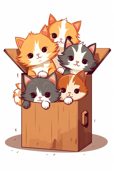a box filled with cute kittens vector clip art, on a solid white background with no shadows or shadding, tshirt design, vector artwork, white background, clean design