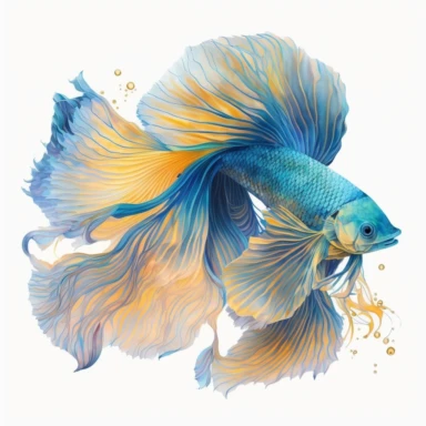 bule with yellowtail betta fish, light watercolor clipart, isolated on white background, James Jean and Peter Mohrbacher, no text, no captions