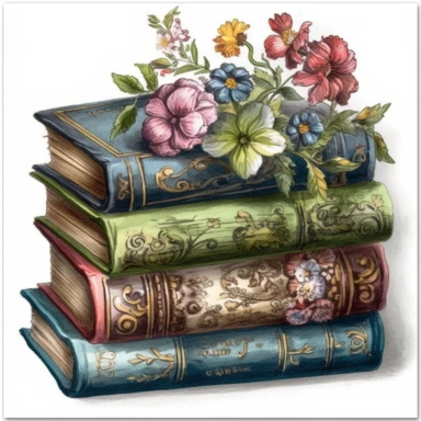 Clipart, stack vintage books, floral, hyper detailed, hyper realistic, marsh green/blue, victorian era, watercolor, fantasy, amazing colour compilation, countrycore, white background,