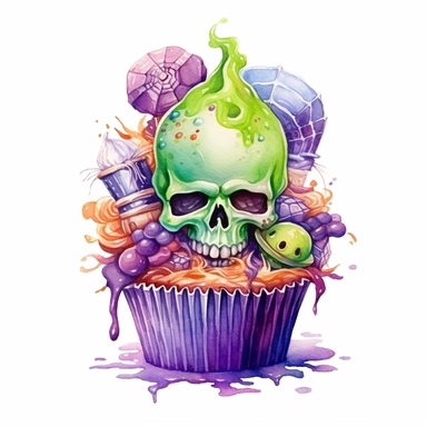 delicious Halloween cupcake with vibrant green and purple colours, witches hats, skulls, spiders and bats, candy confetti, owatercolour illustration clipart, extremely detailed, 4k, high quality, isolated on white background