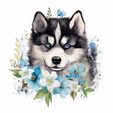 watercolor funny create kawaii marbled black ,silver, teal, chibi Alaskan Malamute with blue eyes forgetmenot flowers with babysbreath clipart, isolated on white background,space out--ar3:2--s1000