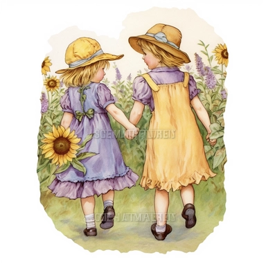 two little country girls from the early 20th century, holding hands running together along a path that has sunflowers and lavender and wildflowers growing nearby watercolor clipart no fonts no letters no words