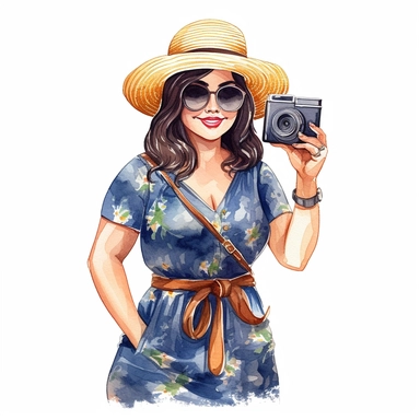 chubby fashionable woman, wearing dress, with sunglasses, a straw hat, with dark straight hair, smiling, holding a camera, watercolor, storybook, illustration, clipart
