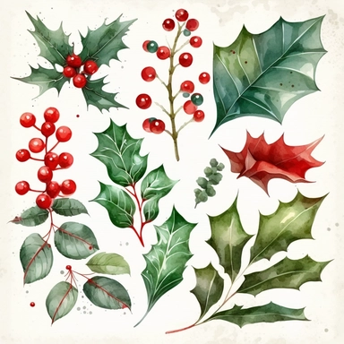 Watercolor set, Christmas holly leaf collection. Green leaves and red holly berries isolated on white background, christmas clipart. winter decoration for postcards, wrapping paper with illustrations