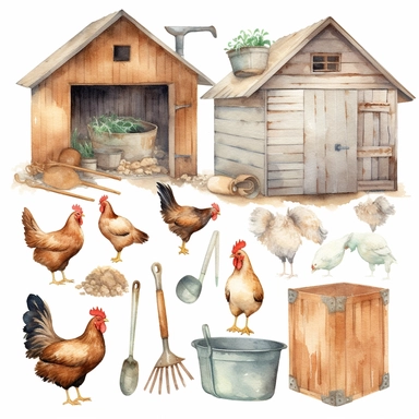 farm clipart, chicken coop, animals, plants, garden, illustration, watercolor, realistic brushwork, fluffy, fuzzy hair, fur, feathers, realistic fur, realistic feathers, dusty piles, chalk, vintage ephemera, browns, white, pastels, soft colours, white background, clipart