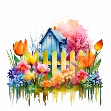 clipart, isolated on white background, Watercolor Spring beautiful ornated fence fulls of the colorful flowers and grass and plants and branches and tree, ornated, vivid and vibrant and saturated colors