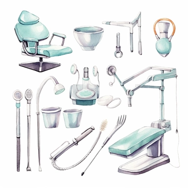 dental accessories, dentist drills teeth, dental accessories dental chair dental lamp Cute watercolor white background clipart set