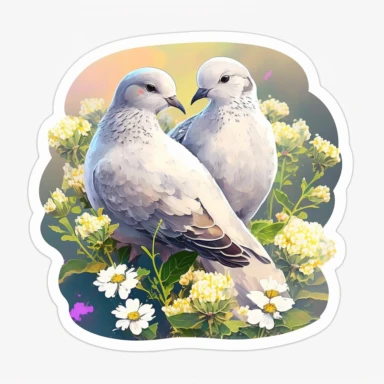 two beautiful doves in love, in a field of flowers, clear sky, clipart, white background, sticker