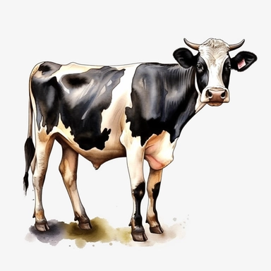 watercolor, Cows Dairy cows have udders: One of the most common farm animals, cows are kept for their milk, meat, and hides. They are found all over the world but are particularly common in countries like India, the United States, and Brazil. png Full body realistic cartoon in 32K UHD cute. 15 cm thick outline. Black color. There was no shadow on the ground. 8k with realistic watercolors and detailed illustrations. PNG clipart, transparent white background
