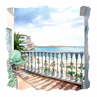 coastal view from a balcony , very detailed and realistic, watercolor, white background with margins, clipart style