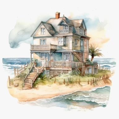 illustration of a beach house with the ocean view on a sunny day, by Beatrix Potter, Sublimation graphics, watercolor clipart, pastel colors, single design, 8k, print on demand image, PNG transparent background