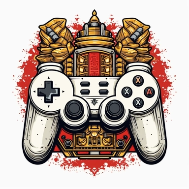 emblem of a retro video game controller and console, white background, clipart, bootleg shirt design, cel shading, vector art, symmetrical, golden ratio, muted colors, black and red art