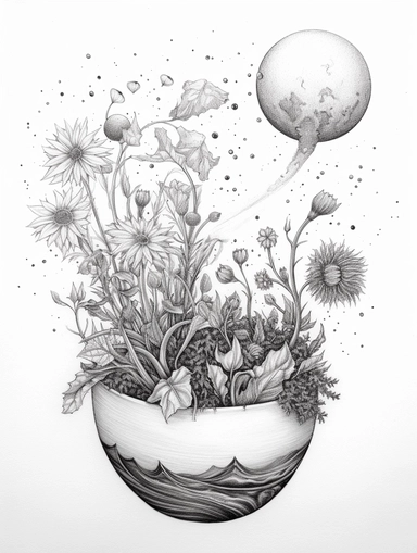 Coloring pages, black and white, linework, clip art, white background. Seedling plant growing, stars, planet.