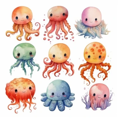 Octopus, whales, jellyfish, crab, coral, seaweed, bubbles. Hand drawn, watercolor. Multiple Individual 10-15 clip arts. Cute and adorable.