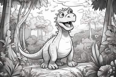 happy dinosaur standing inside a jungle with lots of trees, clipart for coloring pages, greyscale