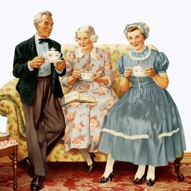 Vintage Illustration, An elderly couple sitting on a couch, probably 60-70 years old, a women with a glass of milk in her hand, cheesy 50s vintage clipart image by cynthia flanders, in the style of traditional costumes, photomontage, Full body view, whitcomb-girls, light indigo, gigantic scale, romanticized femininity, contrasting 8k