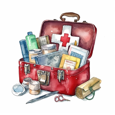 first aid kit with medical equipment,Watercolor style, Clipart,on white background with margins