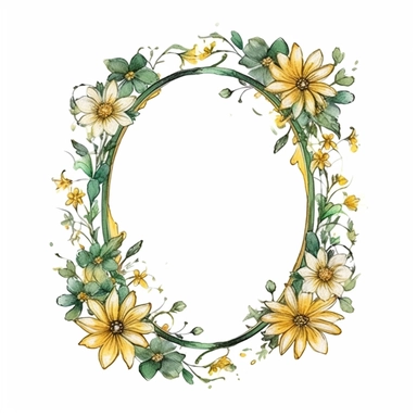 watercolor clipart of a empty suttle dainty floral oval frame surrounded by gold color flowers and emerald green flowers. Capture the essence of blooming beauty and intricate details in your artwork, white background