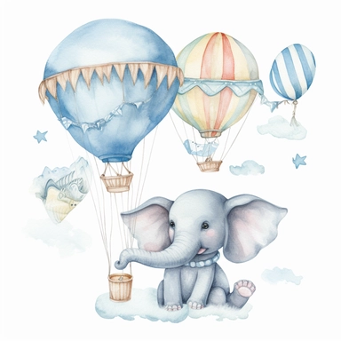 watercolor flying elephant toy clipart pastel blue colors