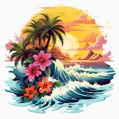 artwork majestic palm tree in digital painting style , beautiful flowers, sunrise mountains and clouds , big sea waves, water splashes, white background, colorful fantasy flower sorround, highly detailed clean, vector image, photorealistic masterpiece, professional photography, realistic, flat white background, isometric, vibrant vector, clipart, illustration, realism, 4k, , cinematic, front view, white background,