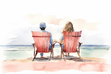 rear view young couple Beach chair on the beach Watercolor clipart, details